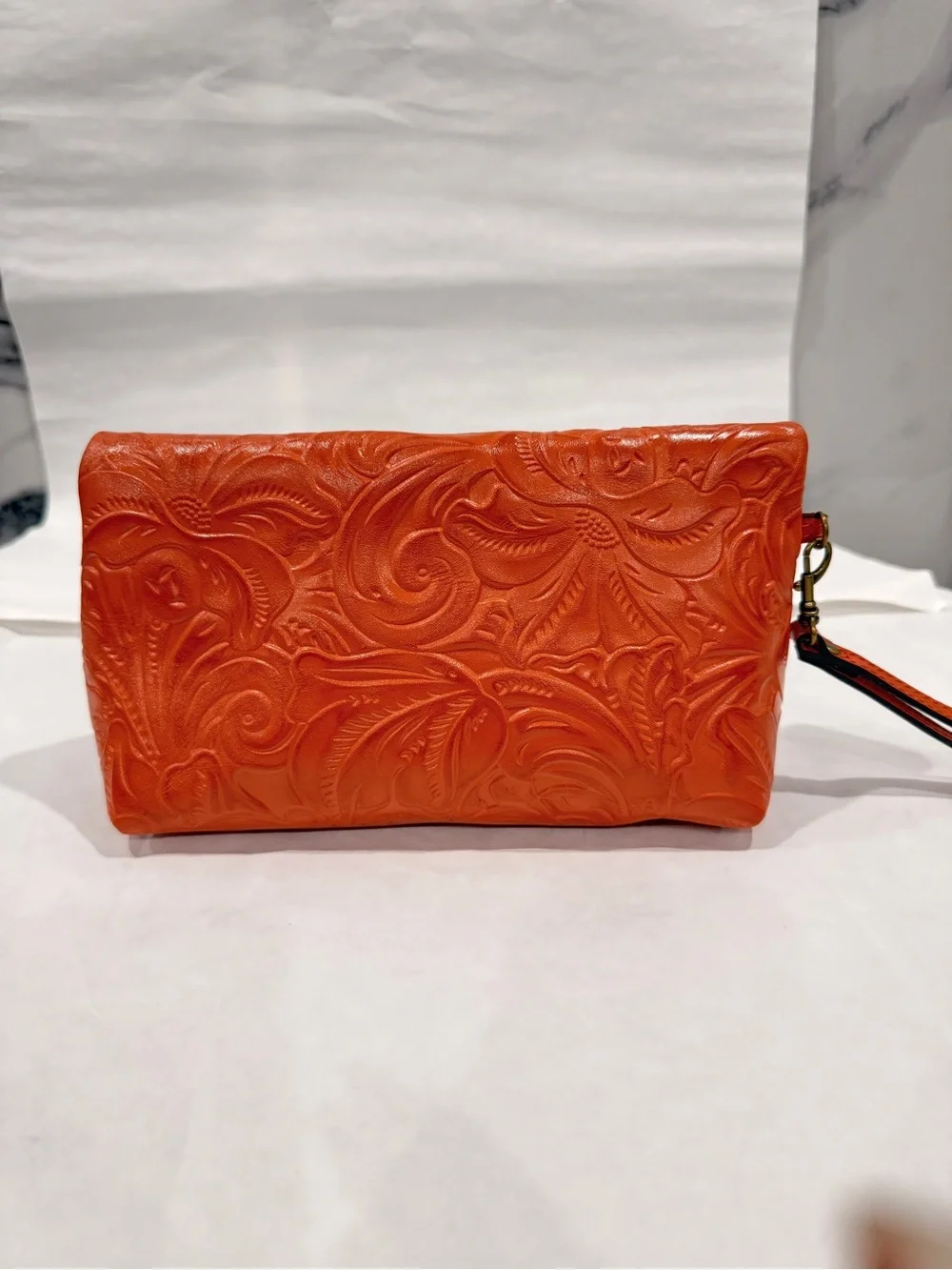 Patricia Nash Apricot Orange Embossed Leather Wristlet Clutch